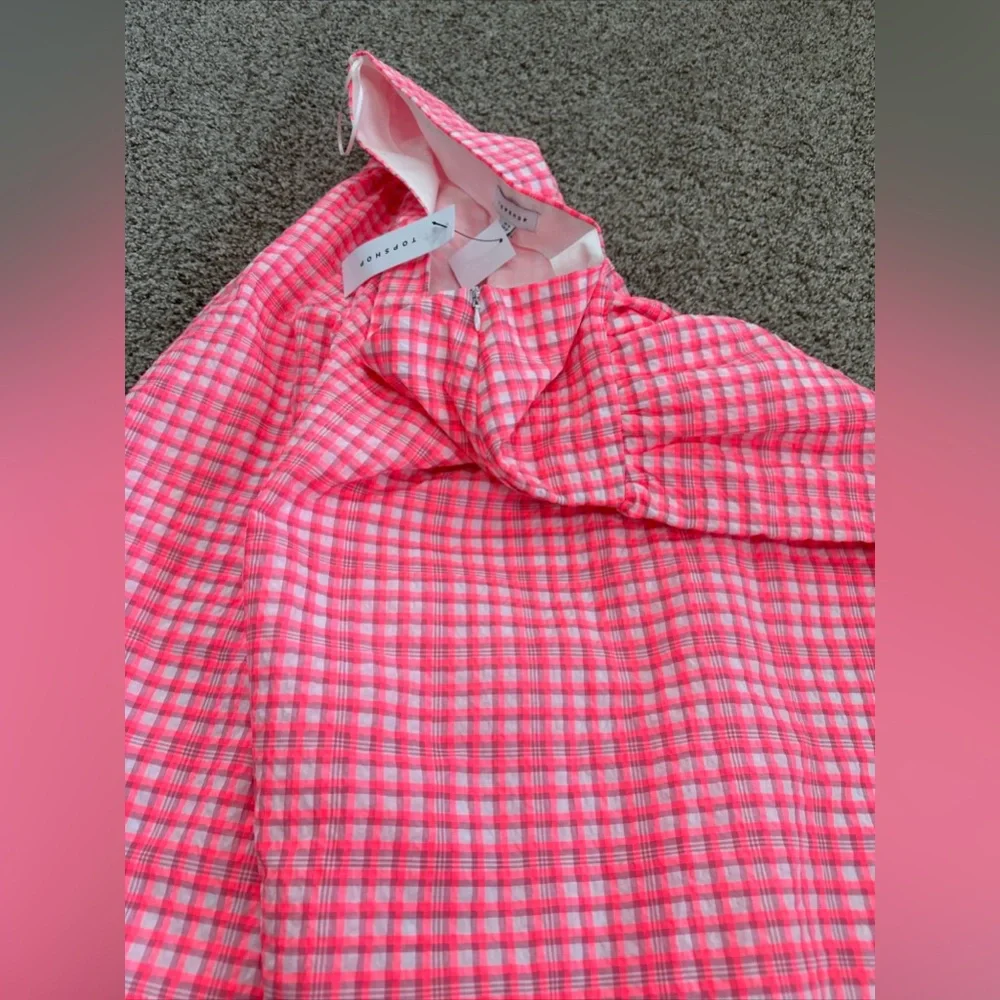 NWT Top Shop Seersucker Bright Pink Gingham Neon Maxi Skirt Sze 10 Drop Waist - Picture 4 of 8